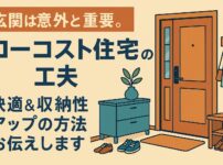 ローコスト住宅のコンパクト玄関をおしゃれに工夫したイラスト。ベンチ兼用収納やシューズボックス、マグネットパネルで快適＆収納性アップを表現。