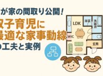 双子育児に適した家事動線をもつ注文住宅の間取りを紹介する日本語のデザインバナー