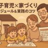 双子とコーギーがいる家族が千葉県のローコスト注文住宅で間取り図とスケジュールを確認している様子