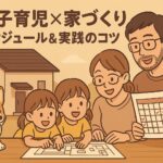 双子とコーギーがいる家族が千葉県のローコスト注文住宅で間取り図とスケジュールを確認している様子