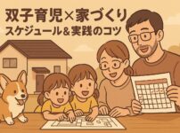 双子とコーギーがいる家族が千葉県のローコスト注文住宅で間取り図とスケジュールを確認している様子