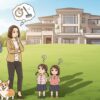 大きな家を前に、住宅ローンや今後の生活に悩み、考え込んでいる若い家族のアニメ調イラスト