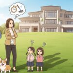 大きな家を前に、住宅ローンや今後の生活に悩み、考え込んでいる若い家族のアニメ調イラスト