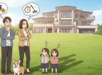 大きな家を前に、住宅ローンや今後の生活に悩み、考え込んでいる若い家族のアニメ調イラスト