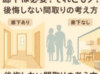 廊下ありと廊下なしの間取りを比較するイラスト。後悔しない家づくりの考え方を伝える内容。