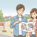 法地のある土地の前で、土地選びに失敗し追加費用を心配する夫婦のイラスト