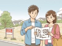 法地のある土地の前で、土地選びに失敗し追加費用を心配する夫婦のイラスト